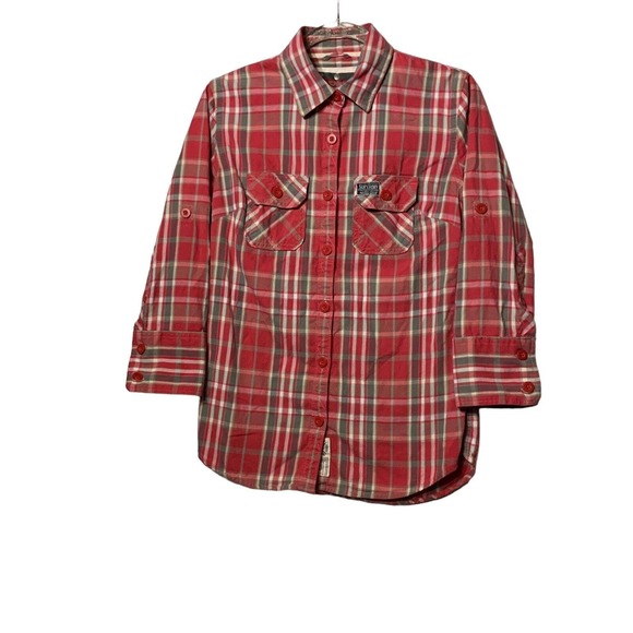 Superdry Tops - Womens Superdry Red/White PLAID SHIRT size L button up 3/4 sleeve